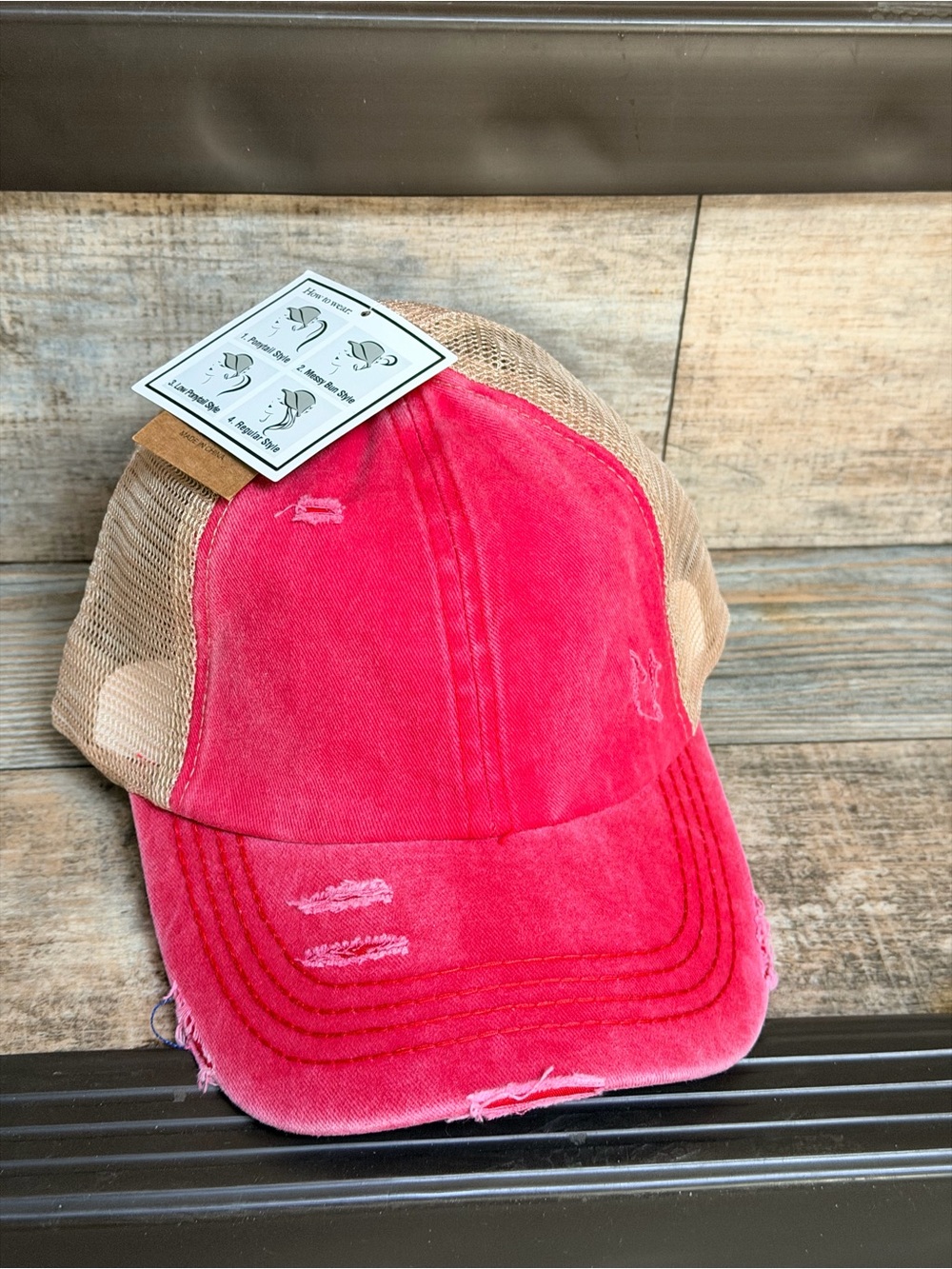 NWT KBETHOS Womens Distressed Pink and Tan Ponytail Trucker Hat